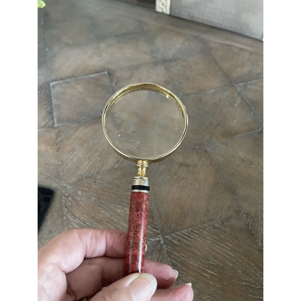 Vintage Travel Triple Magnifying Glass Brass Burled Handle 5.75